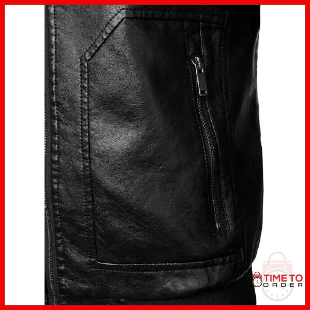 Men's Faux Leather Bomber Jacket Motorcycle Style Ribbed Hem - Picture 6 of 8